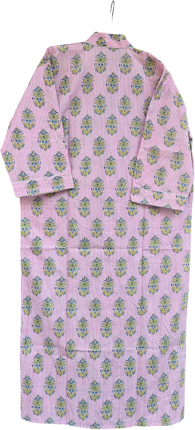 Women's Cotton Kimono Robe, Hand Block Print Bathrobe, Lightweight Floral Spa Robe with Pockets & Belt