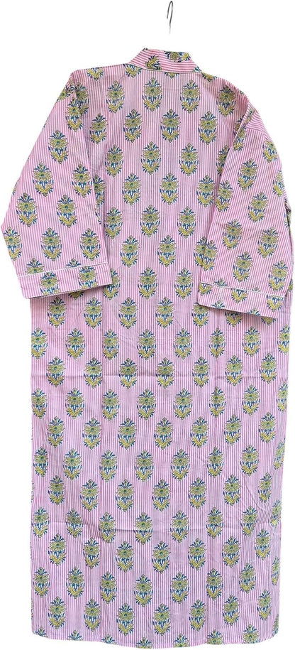 Women's Cotton Kimono Robe, Hand Block Print Bathrobe, Lightweight Floral Spa Robe with Pockets & Belt