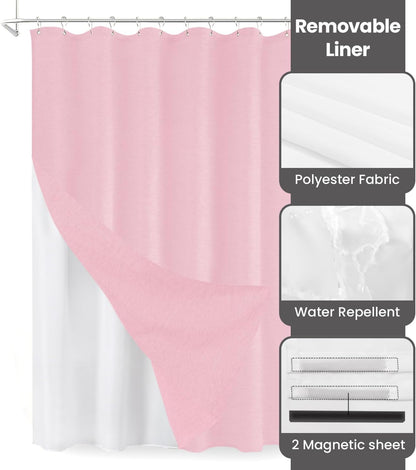 Inhousolu Boho Farmhouse Shower Curtain with Fabric Liner Set, Luxury Faux Linen Textured, Metal Hooks, Weighted Hem, Washable Wrinkle Free Bath Curtain for Hotel Bathroom 72" W x 78" L Pink