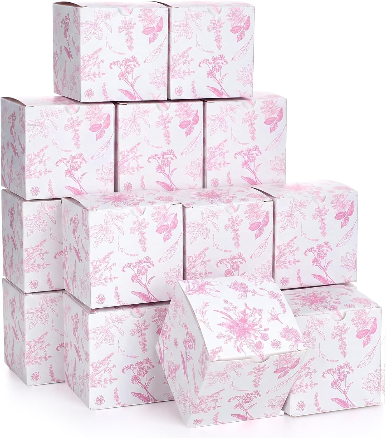 TecUnite 50 Pcs 3x3x3'' Pink Floral Paper Gift Candy Boxes Chinoiserie Flower Paper Gift Box Small Pink White Hydrangea Party Packaging Bag for Wedding Birthday Cardstock Shower Party Supply Decor