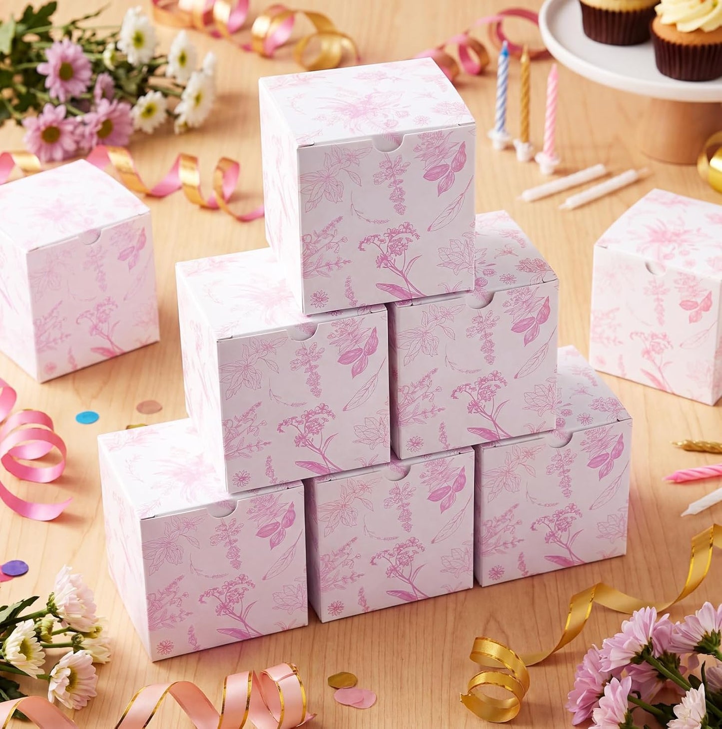 TecUnite 50 Pcs 3x3x3'' Pink Floral Paper Gift Candy Boxes Chinoiserie Flower Paper Gift Box Small Pink White Hydrangea Party Packaging Bag for Wedding Birthday Cardstock Shower Party Supply Decor