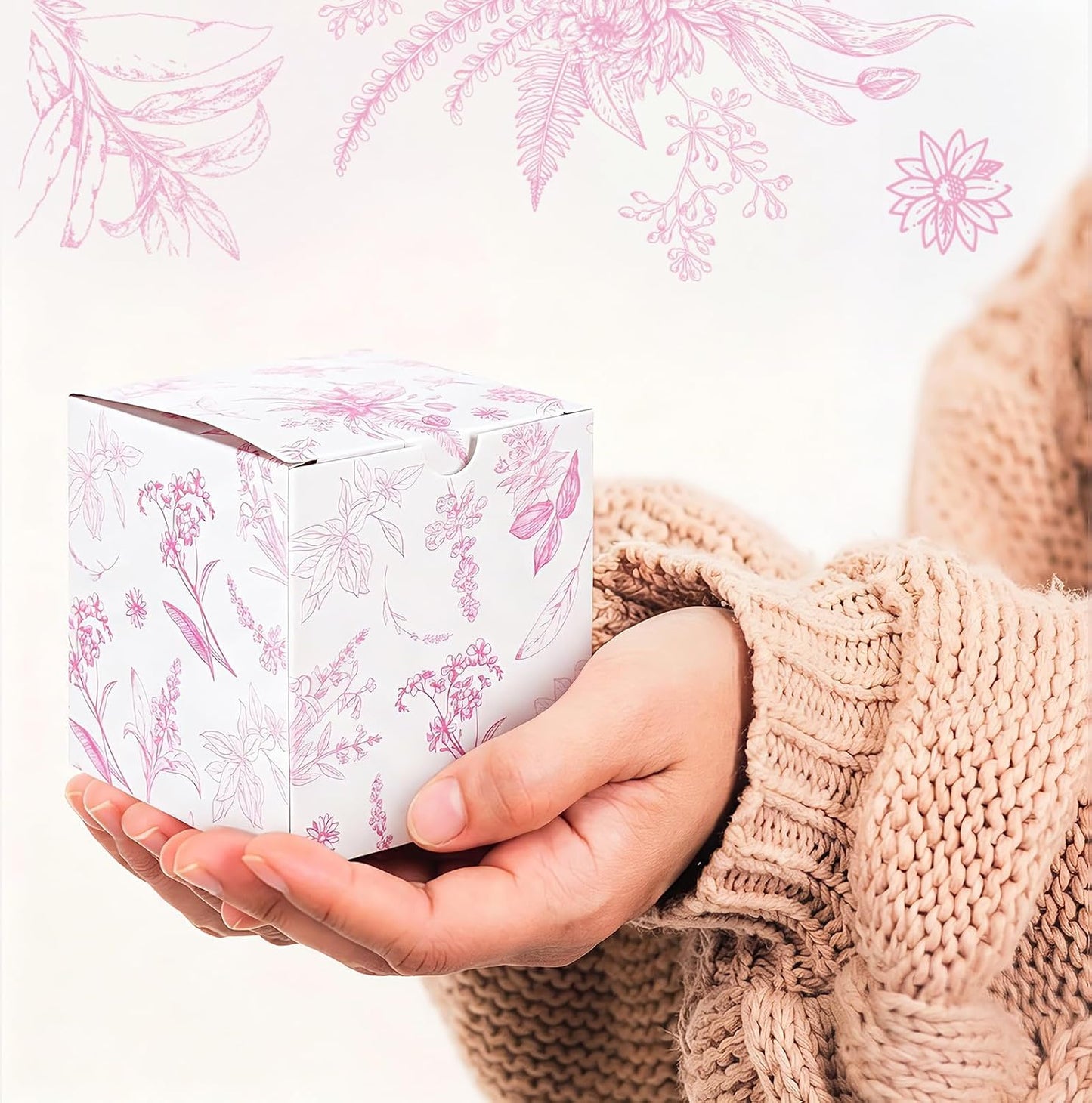 TecUnite 50 Pcs 3x3x3'' Pink Floral Paper Gift Candy Boxes Chinoiserie Flower Paper Gift Box Small Pink White Hydrangea Party Packaging Bag for Wedding Birthday Cardstock Shower Party Supply Decor