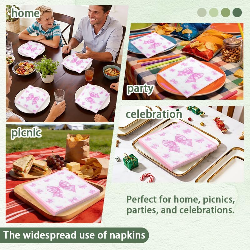 Pink Bow Napkins Paper for Women Birthday Bachelorette Party Supplies Disposable Cocktail Napkins Sweet Bowknot Paper Napkin for Dinner Lunch Bathroom Wedding Engagement Party Supplies 20Pcs