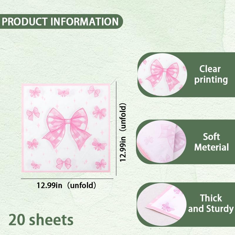 Pink Bow Napkins Paper for Women Birthday Bachelorette Party Supplies Disposable Cocktail Napkins Sweet Bowknot Paper Napkin for Dinner Lunch Bathroom Wedding Engagement Party Supplies 20Pcs