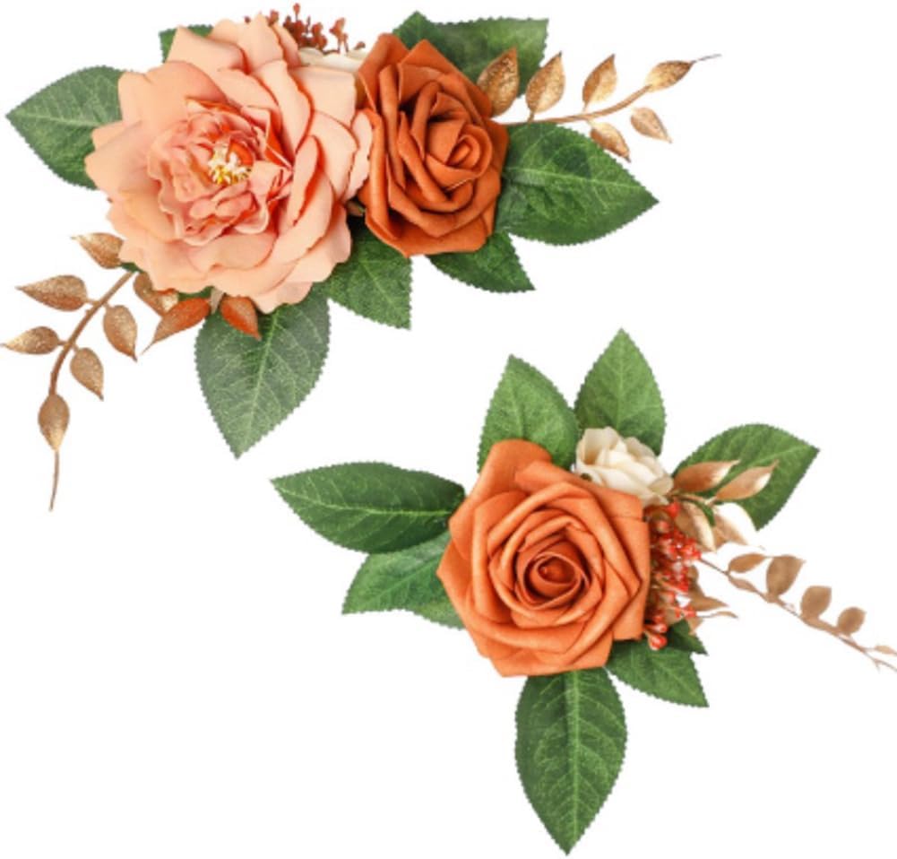 2-Piece Artificial Rose Flower Cake Toppers Set, 9.5 Inch Orange and Peach Roses with Gold Leaves, Wedding Birthday Party Cake Decorations (Orange)