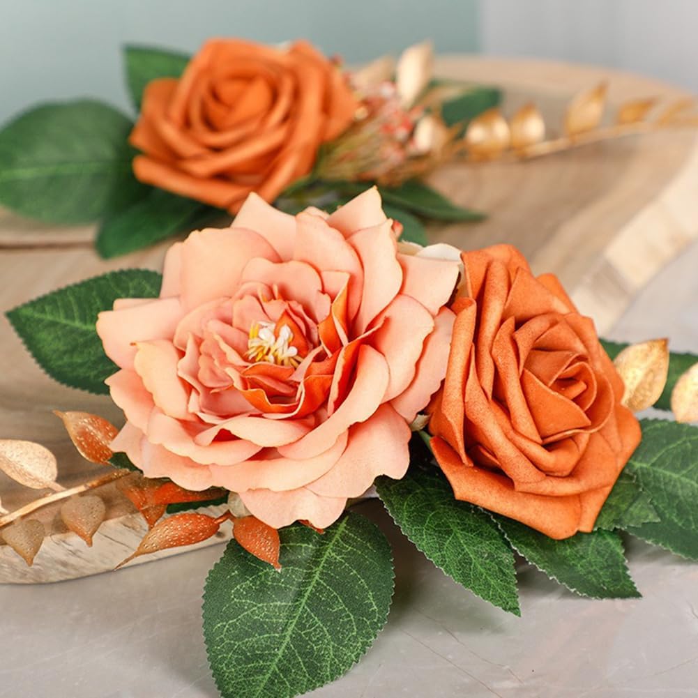 2-Piece Artificial Rose Flower Cake Toppers Set, 9.5 Inch Orange and Peach Roses with Gold Leaves, Wedding Birthday Party Cake Decorations (Orange)