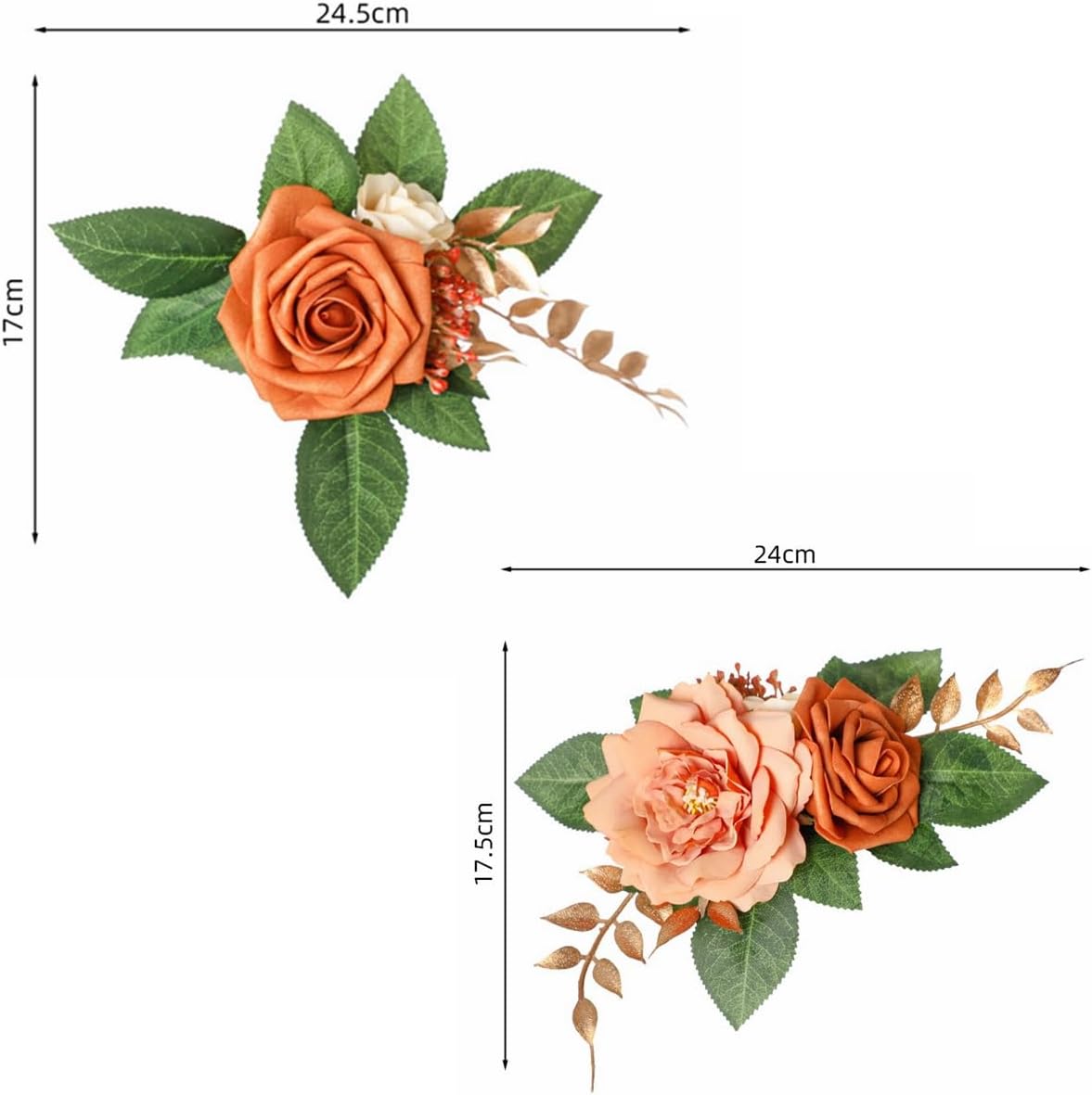 2-Piece Artificial Rose Flower Cake Toppers Set, 9.5 Inch Orange and Peach Roses with Gold Leaves, Wedding Birthday Party Cake Decorations (Orange)