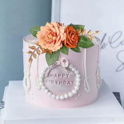 2-Piece Artificial Rose Flower Cake Toppers Set, 9.5 Inch Orange and Peach Roses with Gold Leaves, Wedding Birthday Party Cake Decorations (Orange)