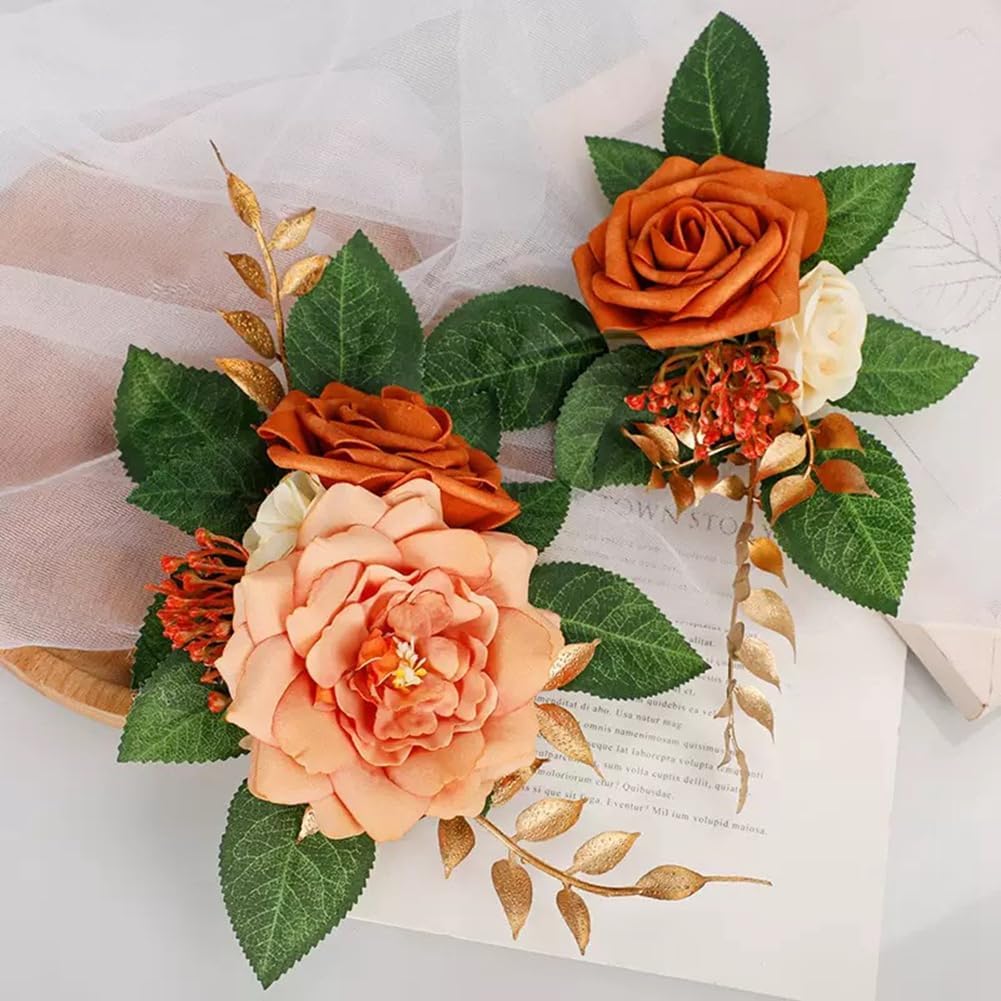 2-Piece Artificial Rose Flower Cake Toppers Set, 9.5 Inch Orange and Peach Roses with Gold Leaves, Wedding Birthday Party Cake Decorations (Orange)