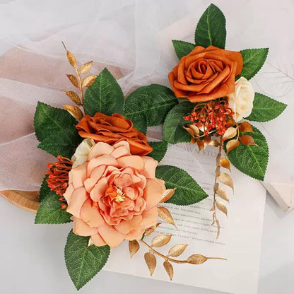 2-Piece Artificial Rose Flower Cake Toppers Set, 9.5 Inch Orange and Peach Roses with Gold Leaves, Wedding Birthday Party Cake Decorations (Orange)