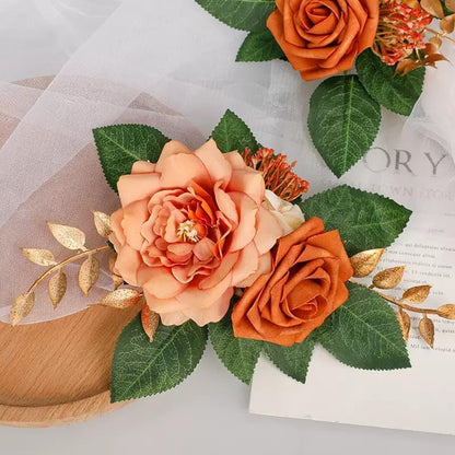 2-Piece Artificial Rose Flower Cake Toppers Set, 9.5 Inch Orange and Peach Roses with Gold Leaves, Wedding Birthday Party Cake Decorations (Orange)