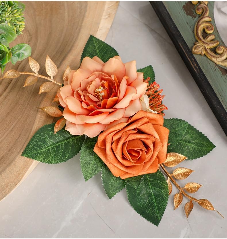 2-Piece Artificial Rose Flower Cake Toppers Set, 9.5 Inch Orange and Peach Roses with Gold Leaves, Wedding Birthday Party Cake Decorations (Orange)