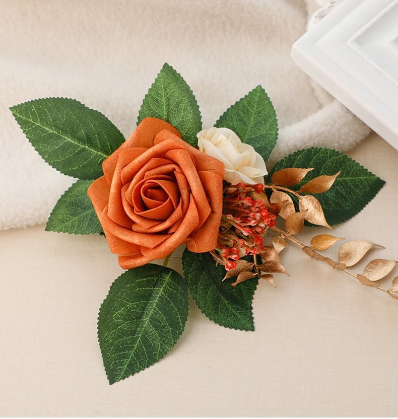 2-Piece Artificial Rose Flower Cake Toppers Set, 9.5 Inch Orange and Peach Roses with Gold Leaves, Wedding Birthday Party Cake Decorations (Orange)