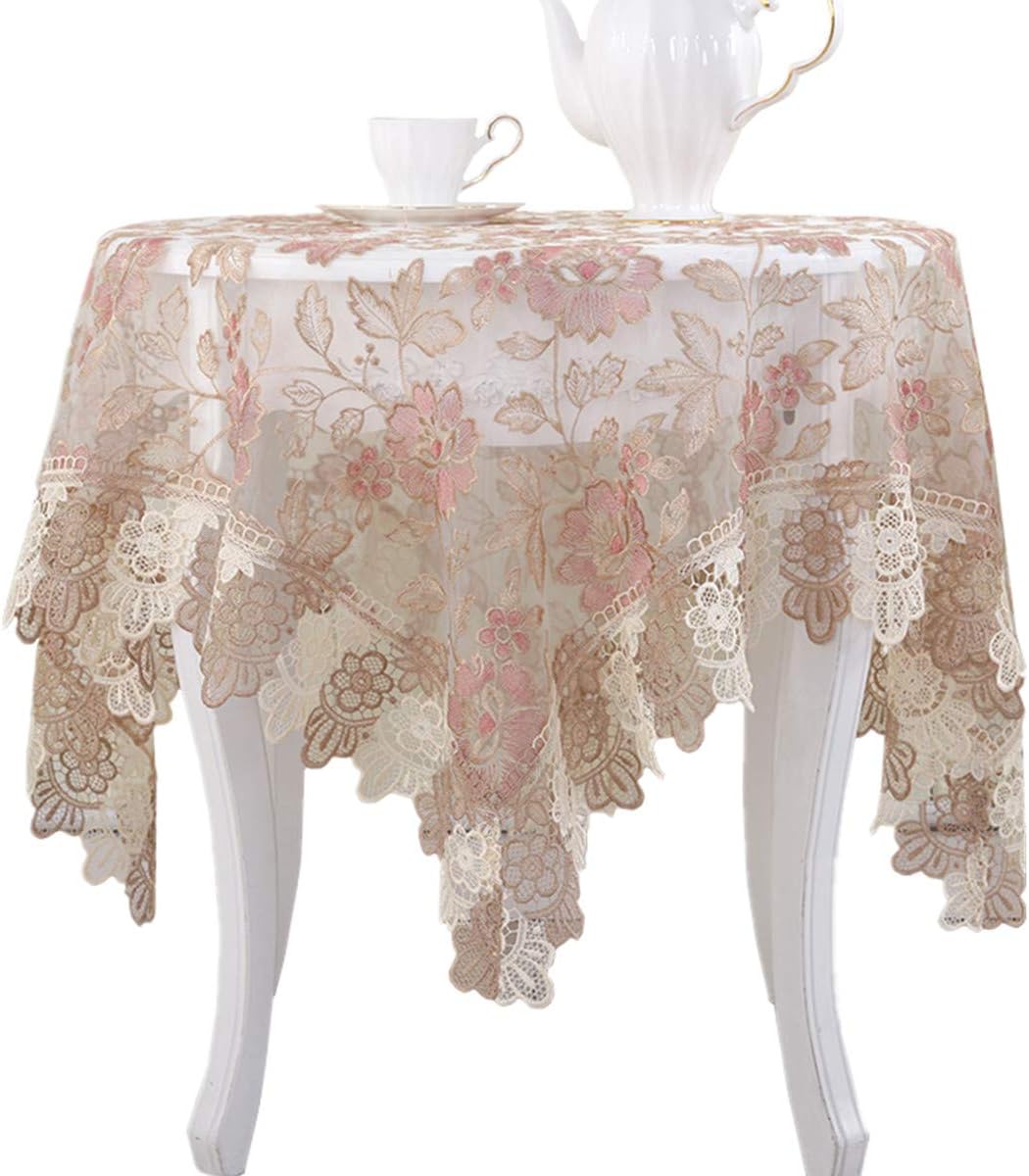 Lace Polyester Round Tablecloth Embroidery Round Table Cloths for Party Wedding Kitchen Dining Home Decorations, Round - 60", Pink