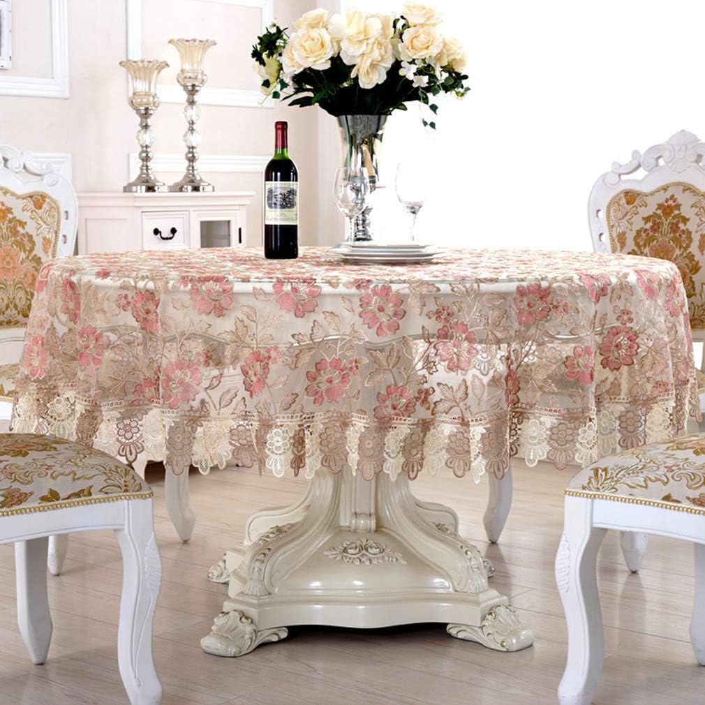 Lace Polyester Round Tablecloth Embroidery Round Table Cloths for Party Wedding Kitchen Dining Home Decorations, Round - 60", Pink