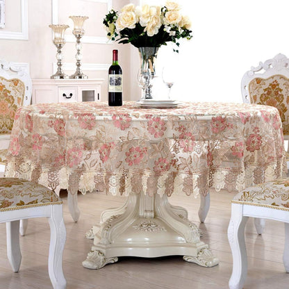 Lace Polyester Round Tablecloth Embroidery Round Table Cloths for Party Wedding Kitchen Dining Home Decorations, Round - 60", Pink