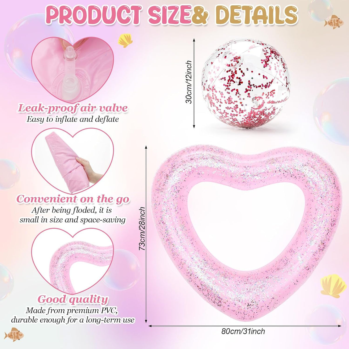 5 Pcs Heart Pool Float Bachelorette Bride with Glitter Ball