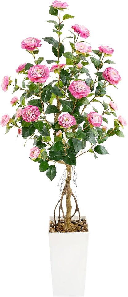 5FT Artificial Camellia Tree with White Tall Planter, Pink Faux Plant Indoor Outdoor, Faux Camellia Plants for Porch, Living Room & Office Decor