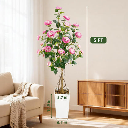 5FT Artificial Camellia Tree with White Tall Planter, Pink Faux Plant Indoor Outdoor, Faux Camellia Plants for Porch, Living Room & Office Decor
