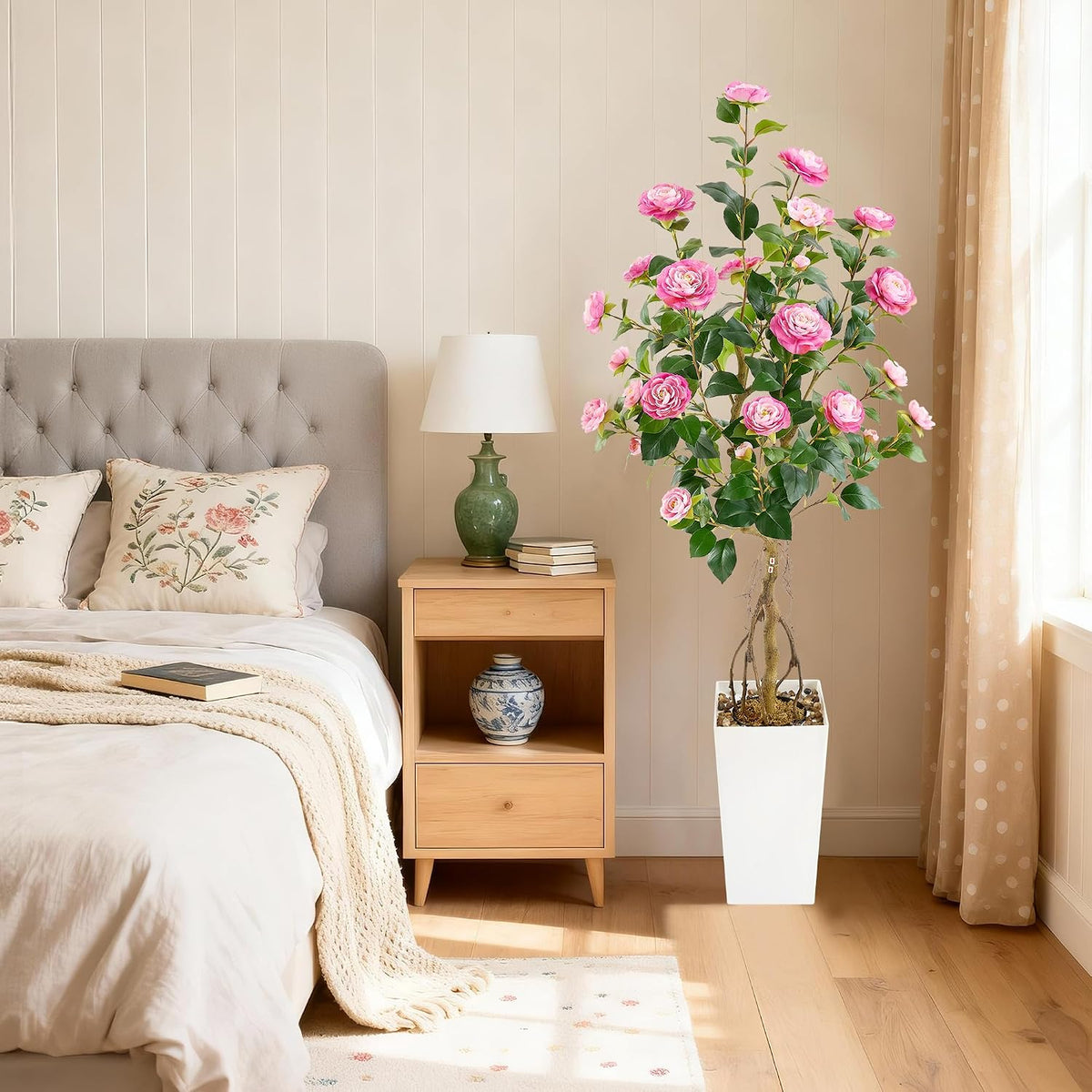 5FT Artificial Camellia Tree with White Tall Planter, Pink Faux Plant Indoor Outdoor, Faux Camellia Plants for Porch, Living Room & Office Decor