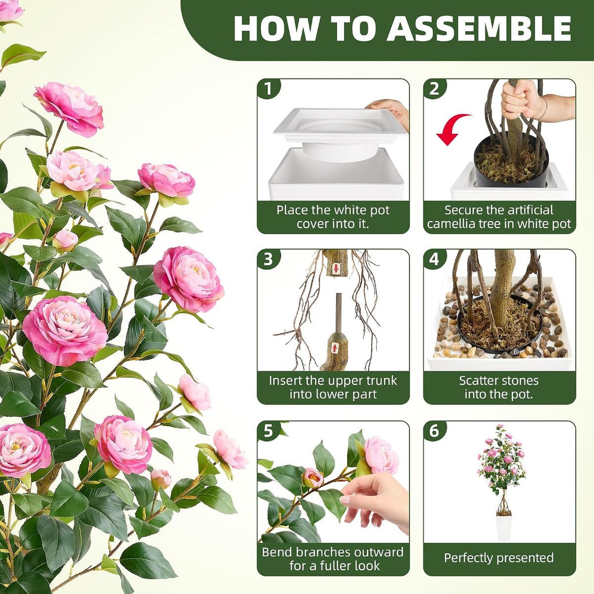 5FT Artificial Camellia Tree with White Tall Planter, Pink Faux Plant Indoor Outdoor, Faux Camellia Plants for Porch, Living Room & Office Decor