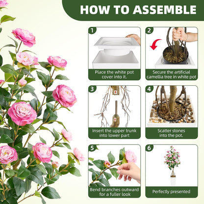 5FT Artificial Camellia Tree with White Tall Planter, Pink Faux Plant Indoor Outdoor, Faux Camellia Plants for Porch, Living Room & Office Decor