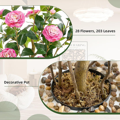5FT Artificial Camellia Tree with White Tall Planter, Pink Faux Plant Indoor Outdoor, Faux Camellia Plants for Porch, Living Room & Office Decor