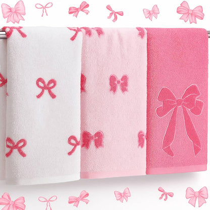 3 Pcs Pink Bow Hand Towels Coquette Kitchen Towels 14 x 29 Inch 100% Cotton Absorbent Preppy Pink Bow Decor for Bathroom Soft Dish Cloth for Women Gifts