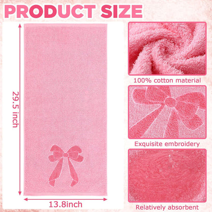 3 Pcs Pink Bow Hand Towels Coquette Kitchen Towels 14 x 29 Inch 100% Cotton Absorbent Preppy Pink Bow Decor for Bathroom Soft Dish Cloth for Women Gifts