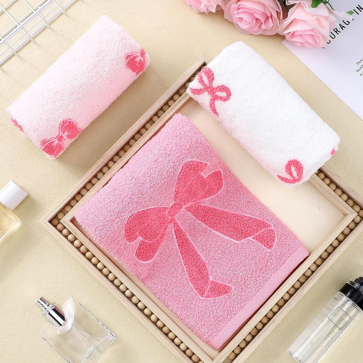 3 Pcs Pink Bow Hand Towels Coquette Kitchen Towels 14 x 29 Inch 100% Cotton Absorbent Preppy Pink Bow Decor for Bathroom Soft Dish Cloth for Women Gifts