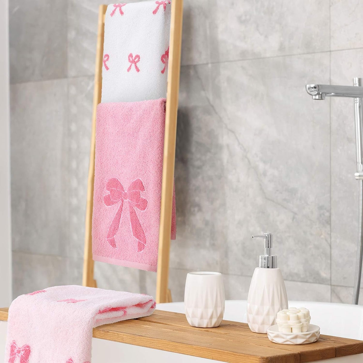 3 Pcs Pink Bow Hand Towels Coquette Kitchen Towels 14 x 29 Inch 100% Cotton Absorbent Preppy Pink Bow Decor for Bathroom Soft Dish Cloth for Women Gifts