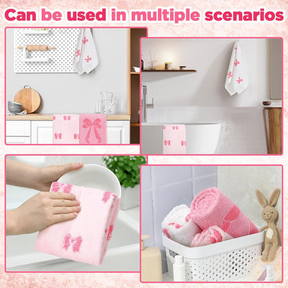 3 Pcs Pink Bow Hand Towels Coquette Kitchen Towels 14 x 29 Inch 100% Cotton Absorbent Preppy Pink Bow Decor for Bathroom Soft Dish Cloth for Women Gifts