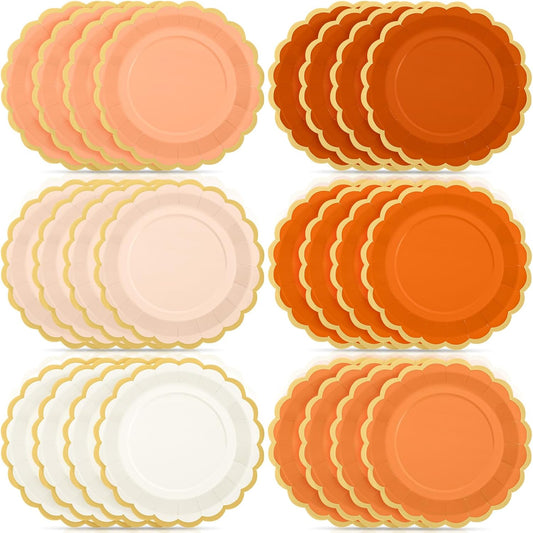 48 Pcs Beige-Orange Peach Paper Plates 9 Inch Gradient Scalloped Paper Disposable Dinner Dessert Plates for Birthday Wedding Bridal Party Supplies, 6 Colors