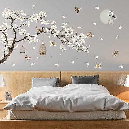 White Peach Blossm Flowers Wall Decals Removable DIY Tree Branches Birds Saying Art Decor Wall Stickers Murals for Living Room TV Background Kids Girls Rooms Bedroom 8 Sheets of 12"x18"