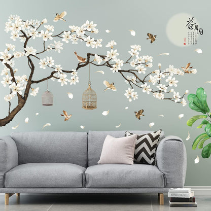 White Peach Blossm Flowers Wall Decals Removable DIY Tree Branches Birds Saying Art Decor Wall Stickers Murals for Living Room TV Background Kids Girls Rooms Bedroom 8 Sheets of 12"x18"