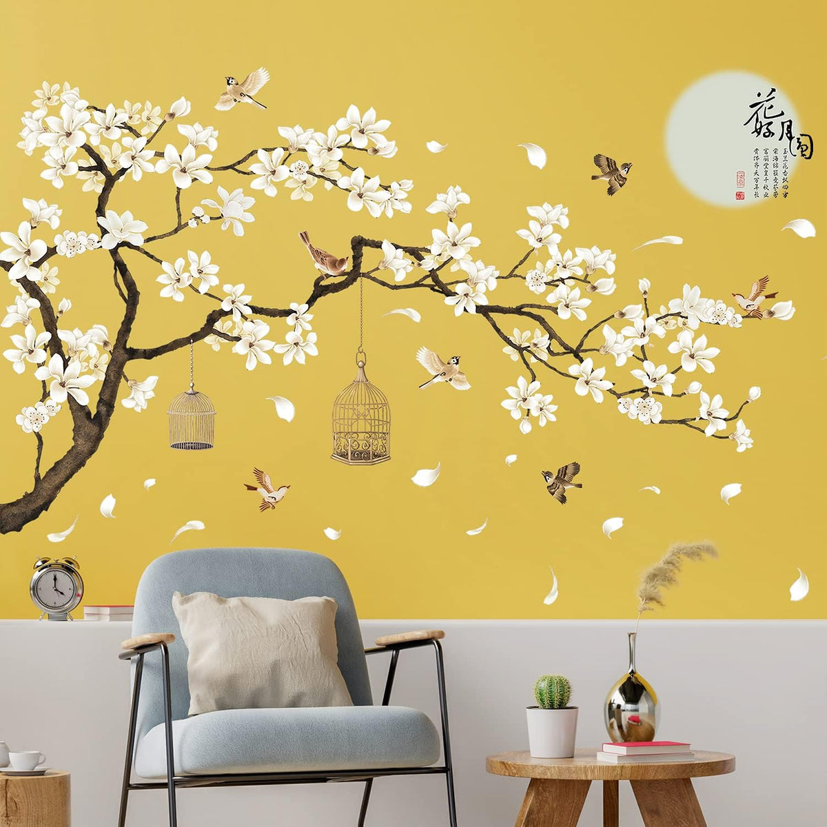 White Peach Blossm Flowers Wall Decals Removable DIY Tree Branches Birds Saying Art Decor Wall Stickers Murals for Living Room TV Background Kids Girls Rooms Bedroom 8 Sheets of 12"x18"