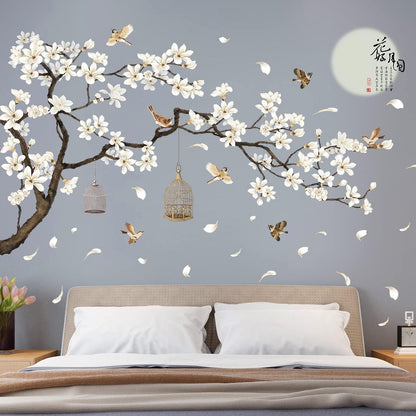 White Peach Blossm Flowers Wall Decals Removable DIY Tree Branches Birds Saying Art Decor Wall Stickers Murals for Living Room TV Background Kids Girls Rooms Bedroom 8 Sheets of 12"x18"