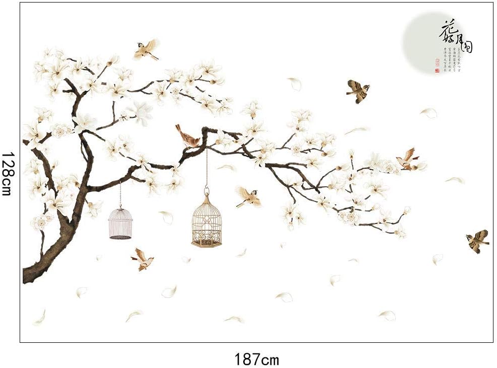 White Peach Blossm Flowers Wall Decals Removable DIY Tree Branches Birds Saying Art Decor Wall Stickers Murals for Living Room TV Background Kids Girls Rooms Bedroom 8 Sheets of 12"x18"