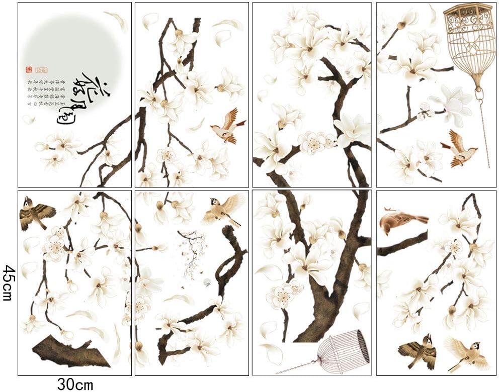 White Peach Blossm Flowers Wall Decals Removable DIY Tree Branches Birds Saying Art Decor Wall Stickers Murals for Living Room TV Background Kids Girls Rooms Bedroom 8 Sheets of 12"x18"