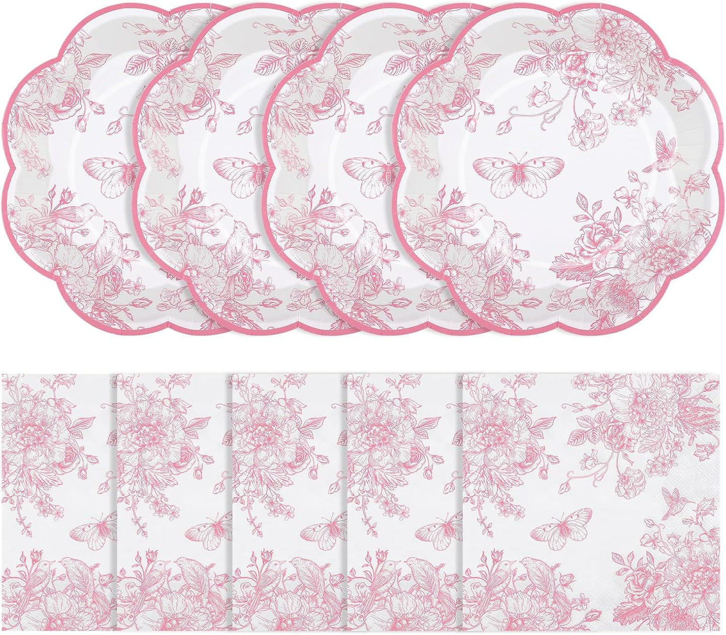 50 Pcs Pink Floral Plates and Napkins, Pink and White Party Supplies Include Scalloped Floral Dessert Plates and Disposable Tolie Napkins for Easter, Baby Bridal Shower, Wedding, Mothers Day