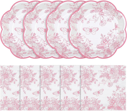 50 Pcs Pink Floral Plates and Napkins, Pink and White Party Supplies Include Scalloped Floral Dessert Plates and Disposable Tolie Napkins for Easter, Baby Bridal Shower, Wedding, Mothers Day