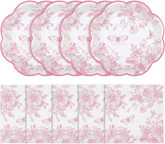 50 Pcs Pink Floral Plates and Napkins, Pink and White Party Supplies Include Scalloped Floral Dessert Plates and Disposable Tolie Napkins for Easter, Baby Bridal Shower, Wedding, Mothers Day