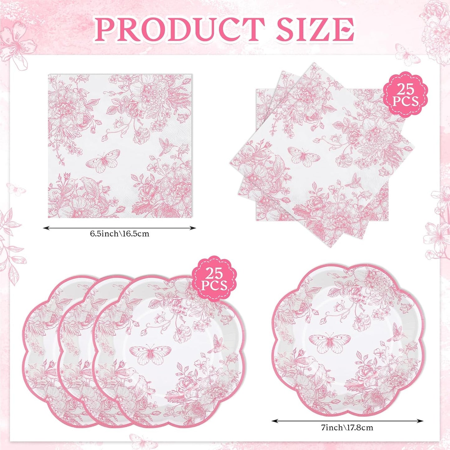 50 Pcs Pink Floral Plates and Napkins, Pink and White Party Supplies Include Scalloped Floral Dessert Plates and Disposable Tolie Napkins for Easter, Baby Bridal Shower, Wedding, Mothers Day