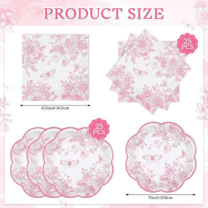 50 Pcs Pink Floral Plates and Napkins, Pink and White Party Supplies Include Scalloped Floral Dessert Plates and Disposable Tolie Napkins for Easter, Baby Bridal Shower, Wedding, Mothers Day