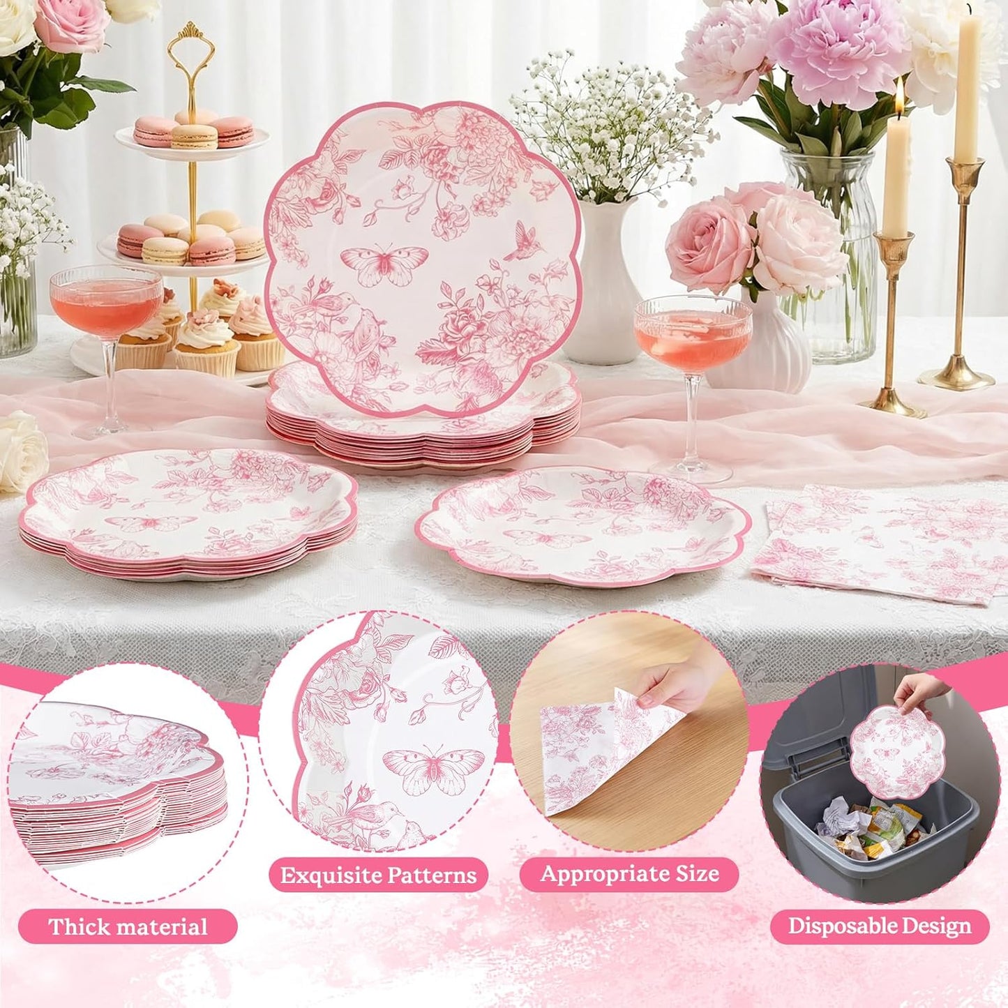 50 Pcs Pink Floral Plates and Napkins, Pink and White Party Supplies Include Scalloped Floral Dessert Plates and Disposable Tolie Napkins for Easter, Baby Bridal Shower, Wedding, Mothers Day