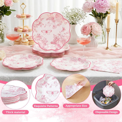 50 Pcs Pink Floral Plates and Napkins, Pink and White Party Supplies Include Scalloped Floral Dessert Plates and Disposable Tolie Napkins for Easter, Baby Bridal Shower, Wedding, Mothers Day