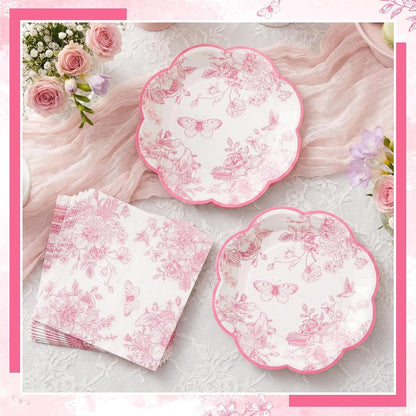 50 Pcs Pink Floral Plates and Napkins, Pink and White Party Supplies Include Scalloped Floral Dessert Plates and Disposable Tolie Napkins for Easter, Baby Bridal Shower, Wedding, Mothers Day