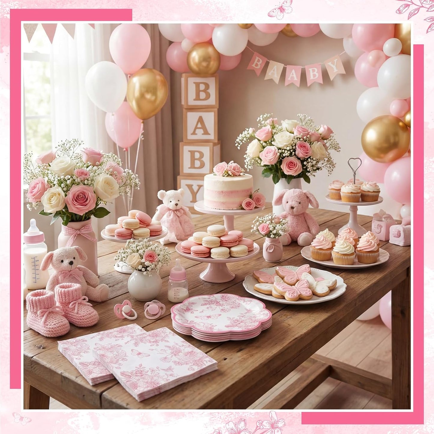 50 Pcs Pink Floral Plates and Napkins, Pink and White Party Supplies Include Scalloped Floral Dessert Plates and Disposable Tolie Napkins for Easter, Baby Bridal Shower, Wedding, Mothers Day