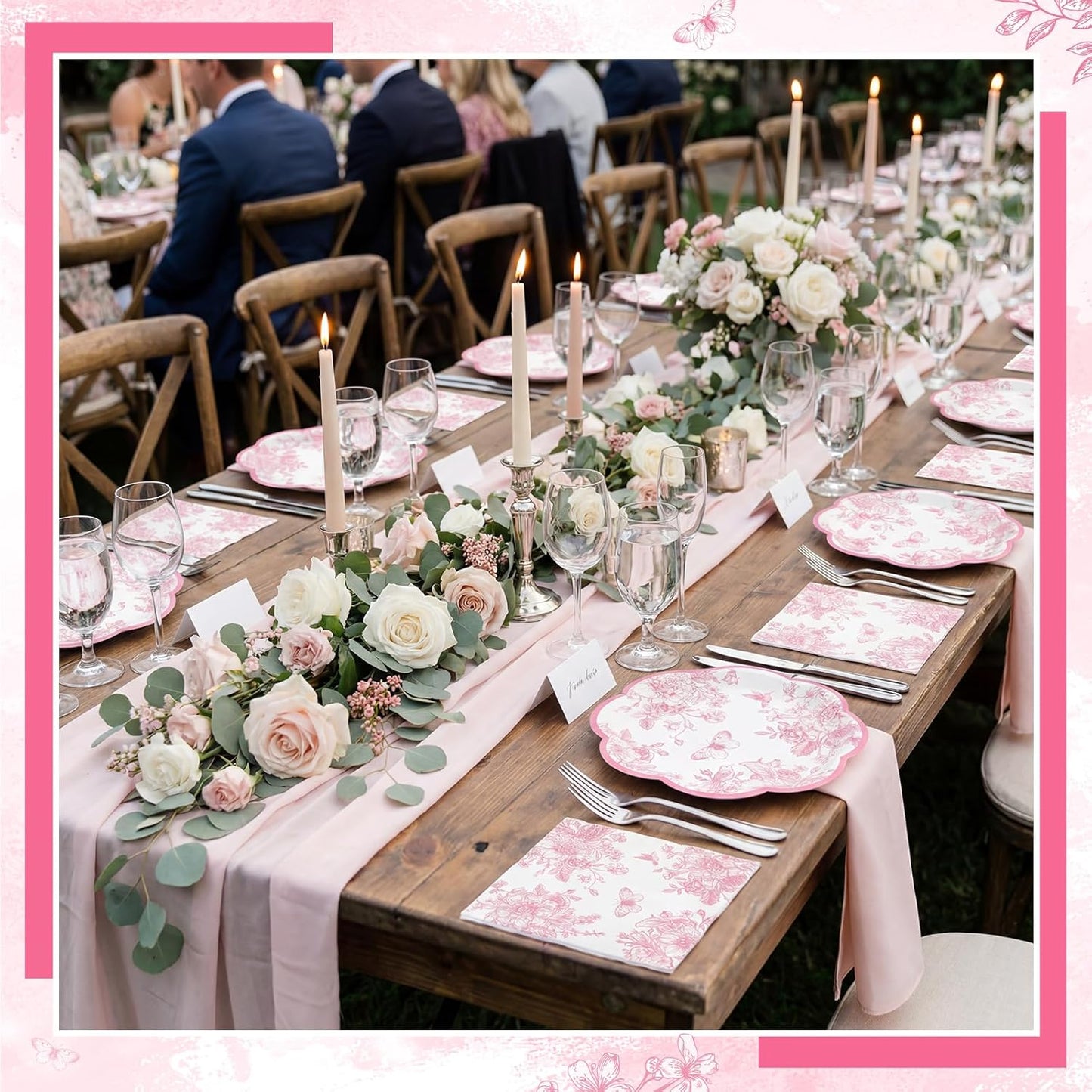 50 Pcs Pink Floral Plates and Napkins, Pink and White Party Supplies Include Scalloped Floral Dessert Plates and Disposable Tolie Napkins for Easter, Baby Bridal Shower, Wedding, Mothers Day