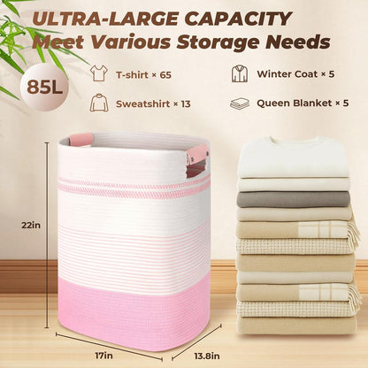 Laundry Basket with Handles - Blanket Basket & Hampers for Bedroom Aesthetic, Laundry Hamper & Blanket Storage for Living Room, Clothes Hamper, Tall, Large 17" x 14" x 22”, Pink & White